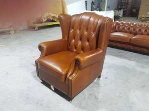 Vintage Houten Frame Tan Lederen Vleugel Fauteuil Getuft <span class=keywords><strong>Wingback</strong></span> Stoel Voor Woonkamer - Product Image 4