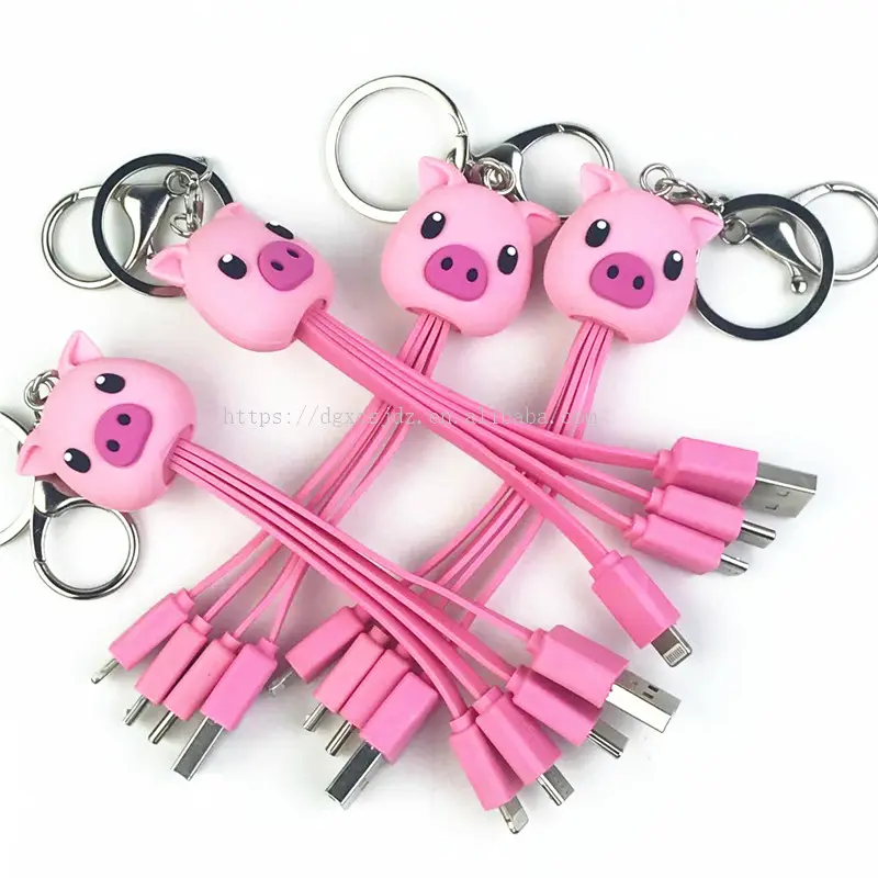 Cartoon piglet three-in-one retractable data cable TPE cable lovely creative gift USB three-in-one Type-C charging cable