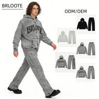 Sweat à capuche zippé en coton surdimensionné, délavé effet acide, brodé, personnalisé pour homme, avec strass et effet vieilli, ensembles de sweats à capuche vintage