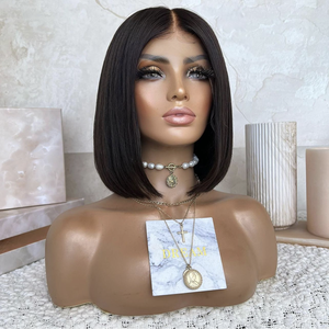 Perruque courte de 12 pouces, coupe bob, nœuds blanchis, cheveux humains vierges Remy, cuticule complète, <span class=keywords><strong>film</strong></span> HD, dentelle invisible, perruques à dentelle frontale - Product Image 4