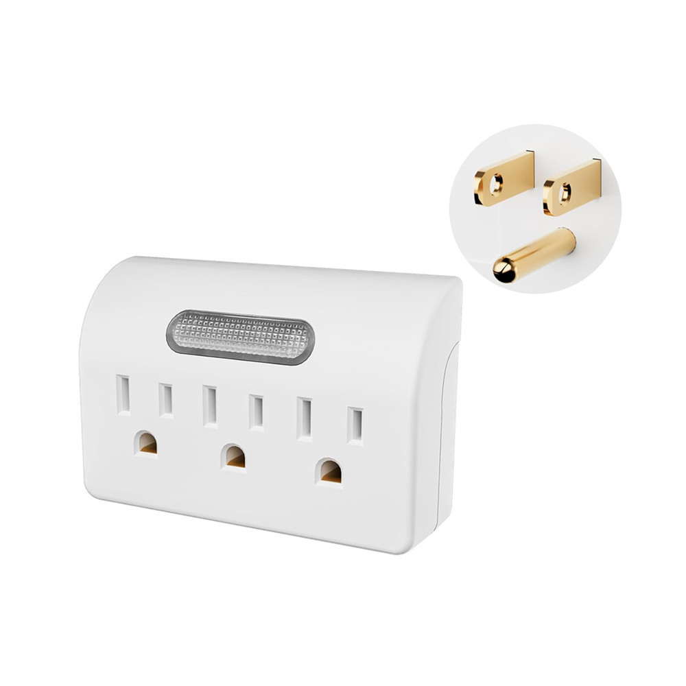 <strong>3</strong>-Outlet Extender, <strong>3</strong>-<strong>Prong</strong> Grounded Wall Tap Adapter with LED <strong>Guide</strong> Light, 1875W Multiple <strong>Plug</strong> Electrical Outlets Splitter