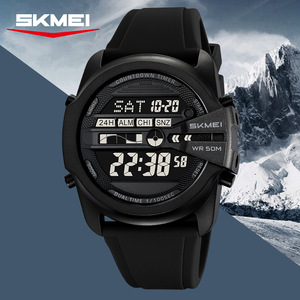 Skmei Digital Watch Men Black Silicone Strap 50M Waterproof Dual Time Countdown Timer Sport Watch - Product Image 1