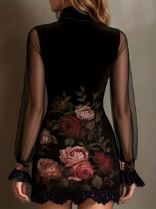 Vestido Sexy con Encaje y Parches, Estilo Imperio, con Diseño de Malla con Estampado Floral, Falda Corta en la Cadera, Estilo para Fiestas - Product Image 2