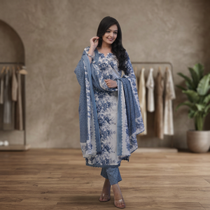 Blue Floral Modest Abaya <b>Dress</b> Set Loose Fit Printed Islamic Women <b>Dress</b> with Shawl <b>for</b> Daily <b>Eid</b> Ramadan - Product Image 3