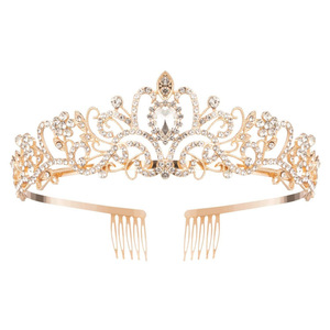 Tiara Personalizzata in Cristallo Dorato, Corona Elegante con Pettini per Donne e Ragazze, Ideale per Matrimoni, Balli, Feste di Compleanno - Product Image 1
