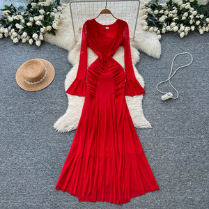 Akşam bayan uzun elbise resmi gece elbisesi-Light lüks trompet kollu pileli donatılmış ve zarif <span class=keywords><strong>Net</strong></span> kumaş elbise - Product Image 3