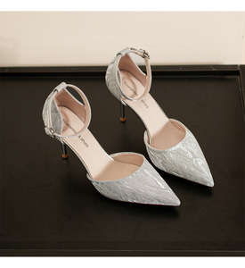<b>Women</b> <b>Silver</b> Glitter High Heel Pumps Pointed Toe Ankle Strap Stiletto Heel Sandals Ladies Party Wedding Evening <b>Dress</b> Shoes - Product Image 2