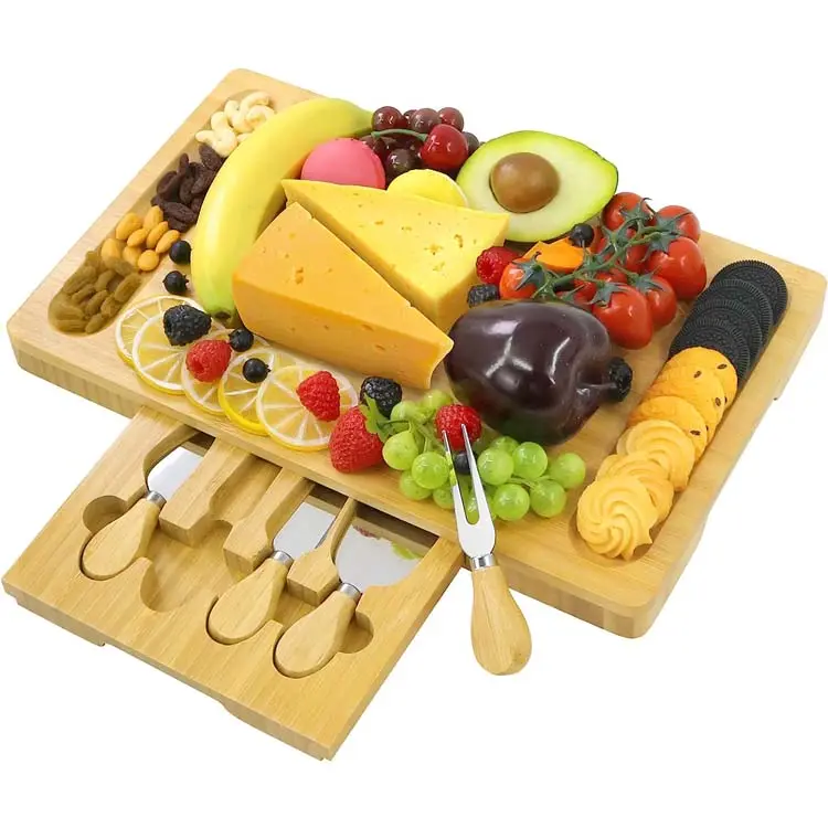 Jsy placa de queijo personalizada, de bambu, de alta qualidade, tabla de queso, placa de queijo, conjunto de facas com cabo de madeira, bambu