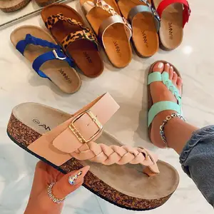 2022 New luxury female Buckle Double Strap flat sandals slippers fashion platform women's cork flip-flops