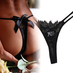 Tanga Sexy de Encaje para Mujer con Lazo, Ropa Interior de Spandex Negra, Lencería - Product Image 1