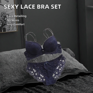 Ensemble soutien-gorge sexy pour femme, dos en V profond, pour petites poitrines, effet push-up, en dentelle magnifique, sans armatures, motif uni, avec culotte taille basse coupe bikini - Product Image 3