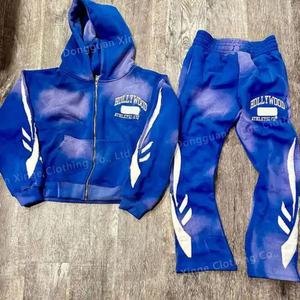 Conjunto de Sudadera y Pantalones Deportivos para Hombre, Estilo Urbano, Lavado Ácido, Vintage, con Parches Desgastados, Pantalones Acampanados, Sudadera con Capucha y Cremallera, para Invierno - Product Image 2