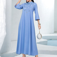 BA5135 bleu a-ligne jupe demi-haut col cousu à la main strass élégant longue robe pour les fêtes d'été du moyen-orient grande taille