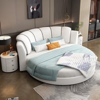 Grand lit rond adulte confortable populaire avec cuir blanc et cadre en bois Style doux pour chambres d'hôtel