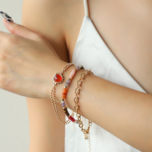 Boho18k Pulsera de aleación chapada en oro Elástico en forma de corazón Piedra natural Ajustable 3 piezas Conjunto de pulsera - Product Image 3