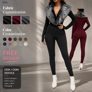 <span class=keywords><strong>Combinaison</strong></span> longue personnalisée pour femme, très extensible, en Spandex et Polyester, style décontracté automne, avec col en fausse fourrure, manches longues et passe-pouces - Product Image 1