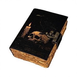 Carnet Gothique Vintage en Cuir Noir, Reliure Cousue, 100 Feuilles, Motif Crâne, Cadeau Halloween, Grimoire Imprimé - Product Image 1