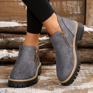 Botas Clásicas de Mujer con Plataforma, Cierre Lateral, Suela Gruesa, Punta Redonda, de Gamuza, Color Sólido, para Otoño e Invierno - Product Image 3