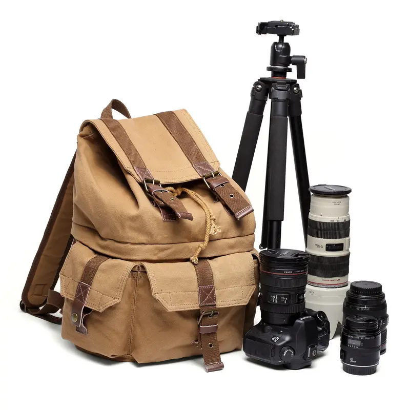 2023 New Multifunctional High Quality Large Capacity Fashion Vintage Waxed Canvas Camera Backpack Drawstring Rucksack