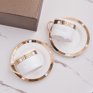 White Bone China Teacup and Saucer Set Gold Plaid Ceramic Cups <b>Gift</b> <b>Box</b> for <b>Coffee</b> Tea Serving - Product Image 3