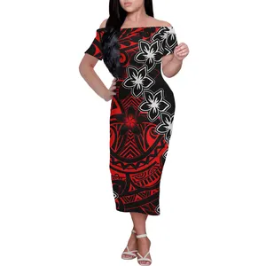 2021 Best Selling Polynesian Tribal Floral Dress Women Summer Strapless Off Shoulder Short Sleeve Knee Length Ladies Dress