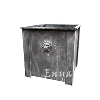 Pot de fleurs et jardinière élégant de style classique pour patio, jardin, véranda, tête de lion, décor carré en zinc gris, métal lourd
