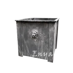 Elegant Patio Classic Style Garden Front Porch Lion Head Decor Square Zinc Gray Heavy Metal Plant Flower Pot Planter