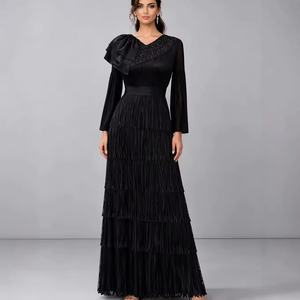 Robe élégante taille empire longueur cheville coupe trapèze col rond manches lanternes plissée en polyester grande taille infroissable avec ceinture 3D pour femme - Product Image 4