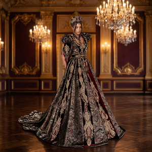 Robe de mariée turque traditionnelle luxueuse en satin, col montant, ornements perlés, taille naturelle - Product Image 3