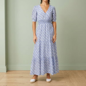 Vestido largo azul con estampado floral y cuello en V para mujer con cintura fruncida - Product Image 6