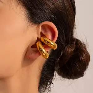 Chunky Hollow CC Shape Drop Earring 18K PVD Banhado a Ouro Aço Inoxidável Ear cuff Hammer Daily Hoop Clip Earring Para As Mulheres