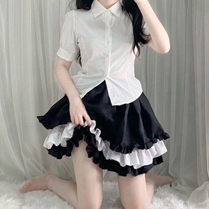 Lolita Maid <b>Skirt</b> Women Black <b>White</b> Layered <b>Ruffle</b> Satin Elastic Waist <b>Mini</b> <b>Skirt</b> Princess Style Dress - Product Image 4