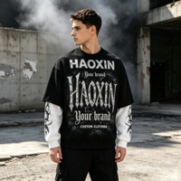T-shirt graphique à manches longues en coton épais avec épaules tombantes, style superposé, haut tendance pour vêtements urbains masculins OEM