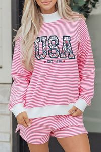Conjunto de pantalones cortos y camisa de manga larga a rayas para mujer, holgado, con cordón, venta al por mayor - Product Image 5