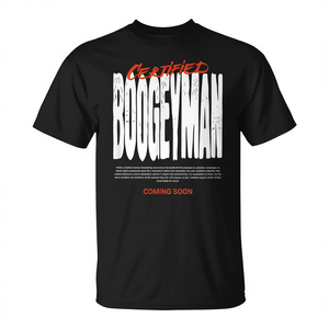 T-shirt promozionale da uomo nera girocollo a maniche corte con stampa serigrafica certificata Boogeyman, in arrivo - Product Image 2