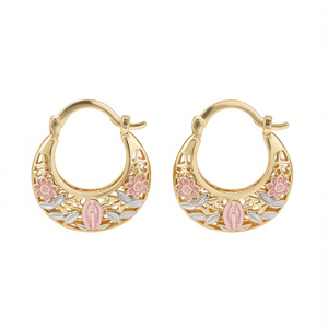 Orecchini a Cerchio Placcati Oro E4582 con Design Floreale, Gioielli Religiosi Cattolici in Lega di Zinco per Uso Quotidiano Femminile - Product Image 1