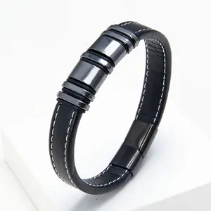 Pulseira larga trançada de aço para homens, bracelete de couro com envólucro, pulseira de titânio lxq08, 2023