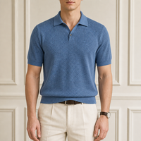 Polo classique pour homme en maille gaufrée bleu acier, col ouvert, manches courtes, ourlet côtelé, fabrication OEM/ODM sur mesure, vente en gros