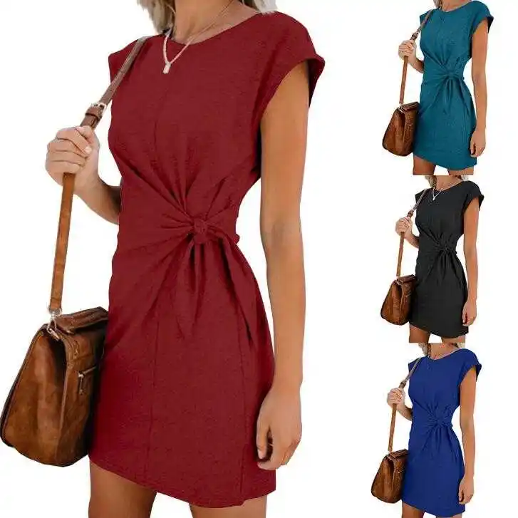 2019 Women's European and American Round Neck Tie Broadband Loose Short Sleeve Dress Fashion