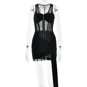 Body de malla sin mangas para mujer con cremallera frontal, color liso, elástico y transparente, ideal para fiestas nocturnas. - Product Image 5