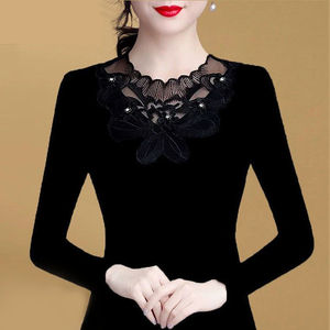 Women's Fleece Lined Long Sleeve Lace <b>Top</b> Slim Fit Black Autumn Base <b>Layer</b> Elegant Hollow Out Diamond Stud Splicing - Product Image 5