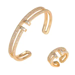 Venta al por mayor de moda chapado en oro de lujo Cz Nail Bangle Bracelets Set para mujeres Cuff Bangle And Ring