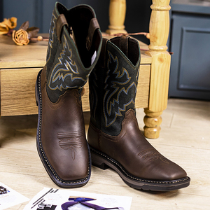 Bottes de Cowboy occidentales classiques pour hommes bottes en cuir à semelle extérieure en caoutchouc anti-glissante chaussures hommes bottes du désert à bout carré - Product Image 6