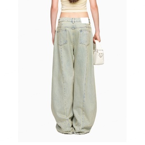 Pantalon en jean léger personnalisé pour femmes, décoration en perles, coton, mode vintage, effet délavé, jean baggy pour femmes - Product Image 4