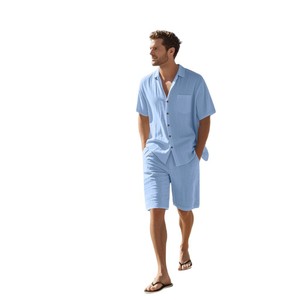 Men's Breathable Casual Solid 2 Piece <strong>Linen</strong> Sets Summer Beach Outfits Short Sleeve Button Shirt Drawstring Loose Shorts <strong>Suit</strong> Set - Product Image 3