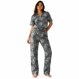 Conjunto de Dos Piezas de Ropa de Dormir para Mujer, Cuello Redondo, Manga Corta, Algodón, Spandex, Satén, Botones al Frente, Pantalones Largos, Ropa de Verano, Ropa de Casa, Ropa de Noche - Product Image 1