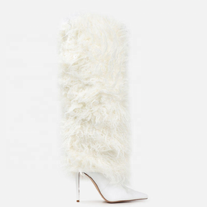 Custom Fashion Women Faux Fur Pointed Toe Stiletto Heeled Knee High <b>Boots</b> - Product Image 2