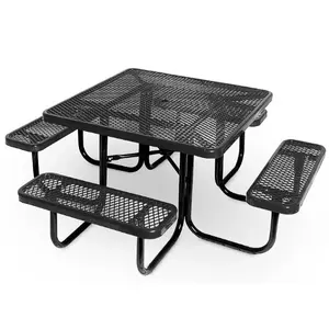 außenbereich hof möbel großer quadratischer stahl picknick-tisch mit 4 banken im freien restaurant-ereignis-esstisch-set metall-tisch stuhl