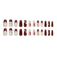 Kistvormige nagels bordeauxrood en goud ombre opzetnagels ABS machinaal gemaakt 24 stuks Franse tip nagels met strik voor vrouwen