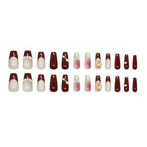 Uñ<span class=keywords><strong>as</strong></span> Postizas Coffin Nails en Degradado Borgoña y Dorado, Hechas a Máquina en ABS, 24 Piezas, Uñ<span class=keywords><strong>as</strong></span> Francesas con Lazo para Mujer - Product Image 5